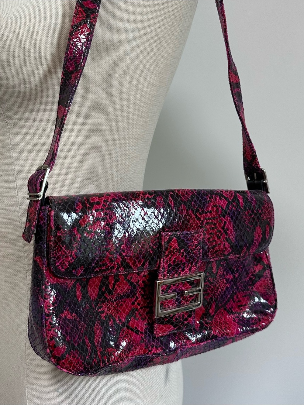 Fuchsia Snakeskin Shoulder Bag